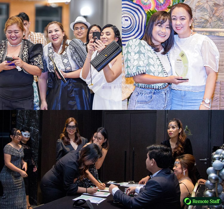 A collage of Remote Staff employees during their year-end party.