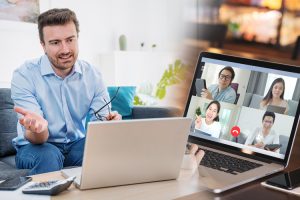 Home office, man working from home portrait and making a video conference