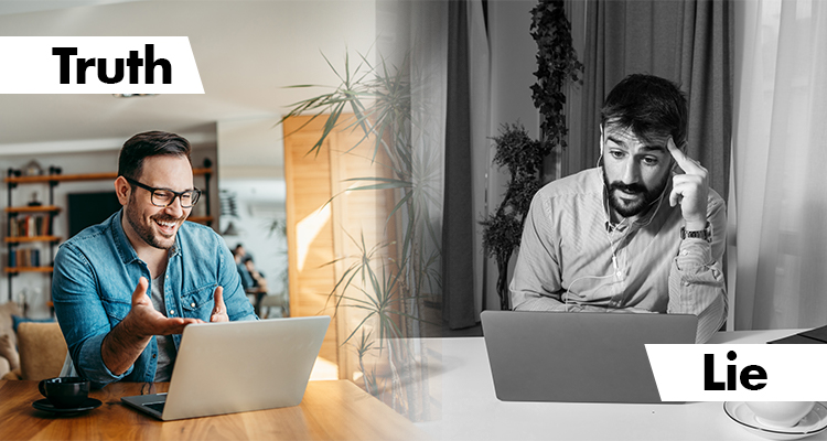 split-screen: man happily conversing online on the left and man looking stressed while looking at his laptop on the right 