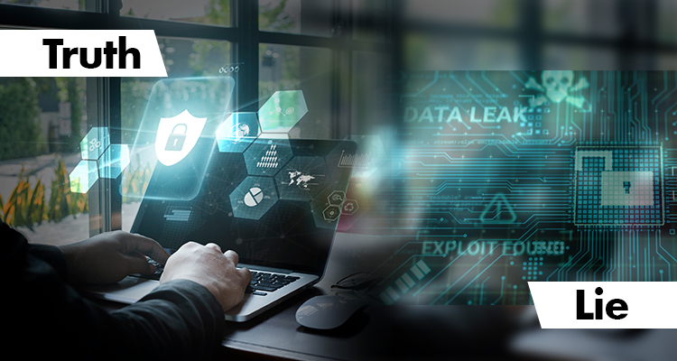 split-screen: man working on secure computer on the left and computer prone to data leak on the right