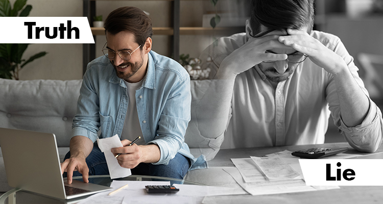 split-screen: man on the left looking cheerful while doing calculations and man on the right looking stressed