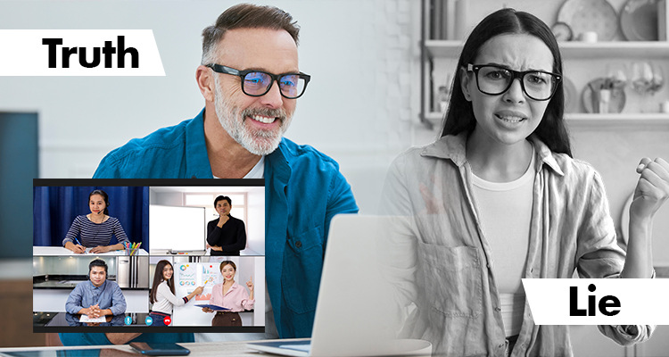 split-screen: man on the left happily talking with his staff and woman on the right looking angry