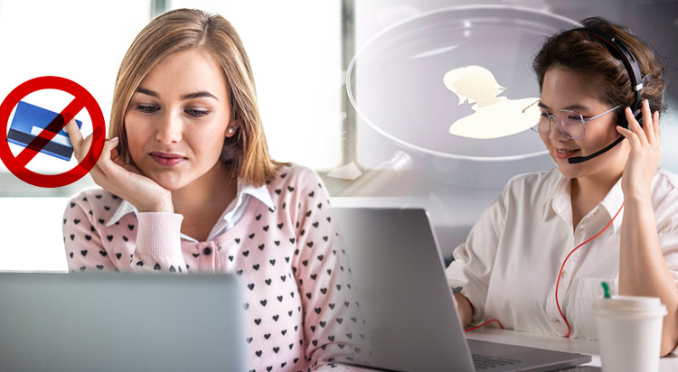 two women in front of their laptops, one wearing headphones and the other has her palm under her chin