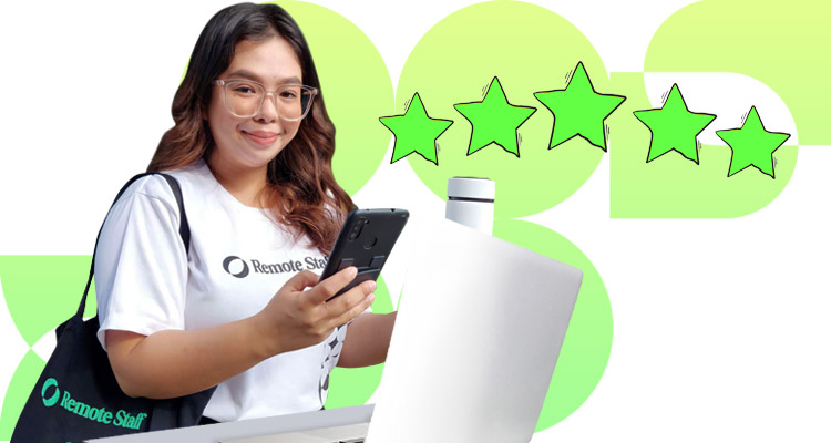 woman wearing a white shirt and carrying a bag and holding her phone in front of a laptop and five green stars
