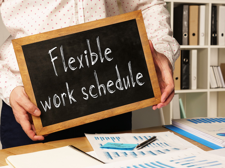 Flexible work schedule is shown on a conceptual business photo