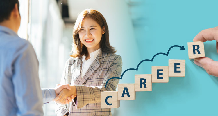 a man and a woman shaking hands next to blocks that spell the word career