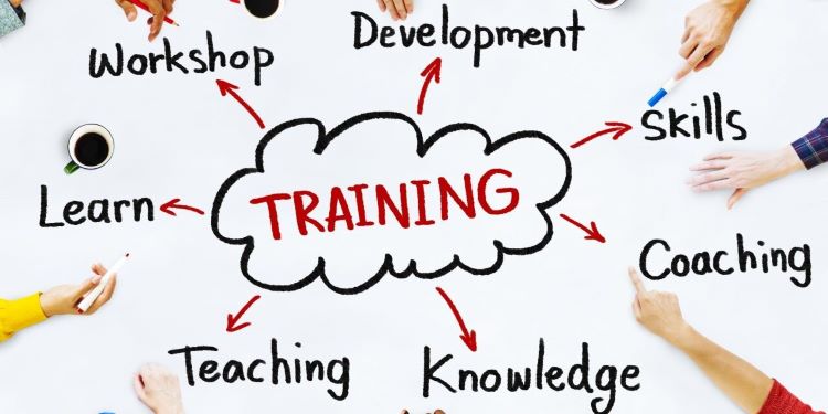 the word training inside a drawing of a cloud and surrounded by other words like teaching, knowledge, coaching, skills, development, workshop, and learn