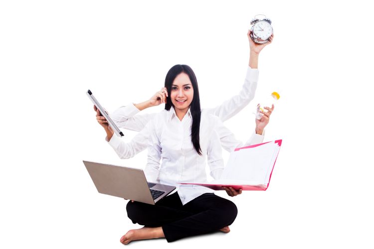 woman in white with multiple arms holding an alarm clock, a water bottle, a laptop, a file folder, a tablet, and a phone