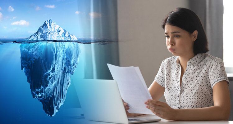 iceberg on the left and a woman looking at a document on the right
