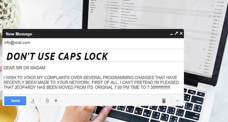 An image highlighting how not to use caps lock in line with work email etiquette.