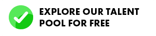 Green checkmark icon next to bold black text that reads “Explore our talent pool for free” on a white background.