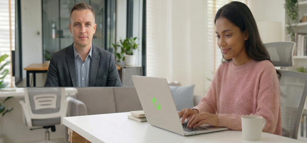 A Filipino marketing automation specialist in the foreground and an Australian businessman in a floating screen.