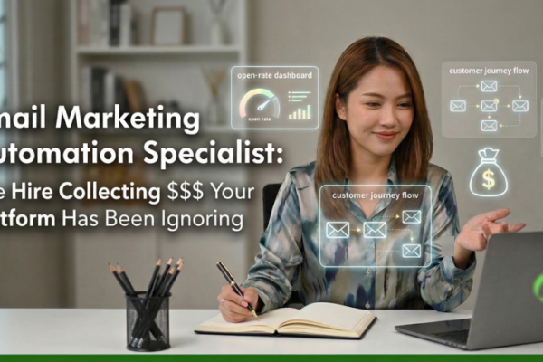 An email marketing automation specialist surrounded by email automation elements.